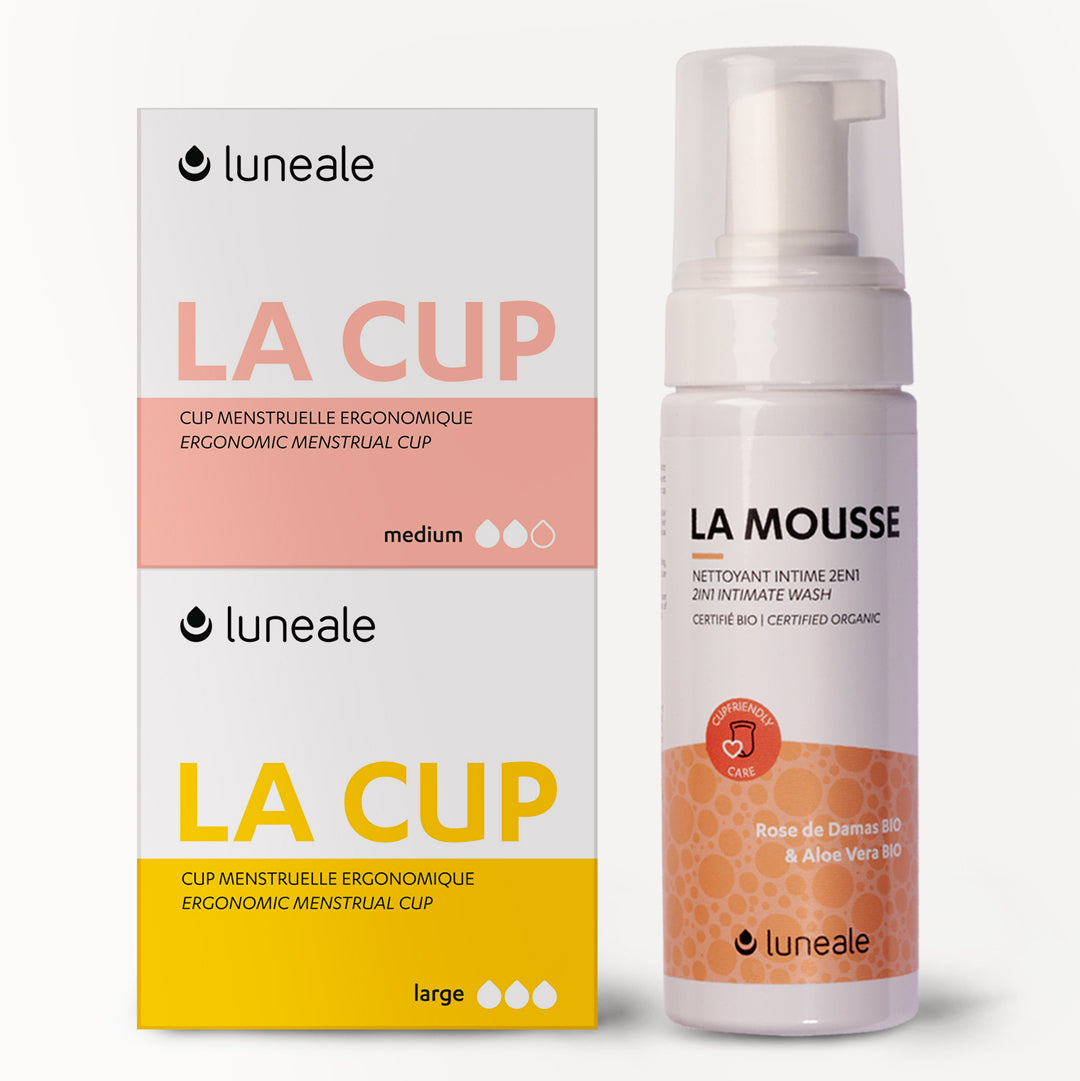 Pack Duo Luneale - lot de 2 cups menstruelles + mousse nettoyante Bio (taille M et L)