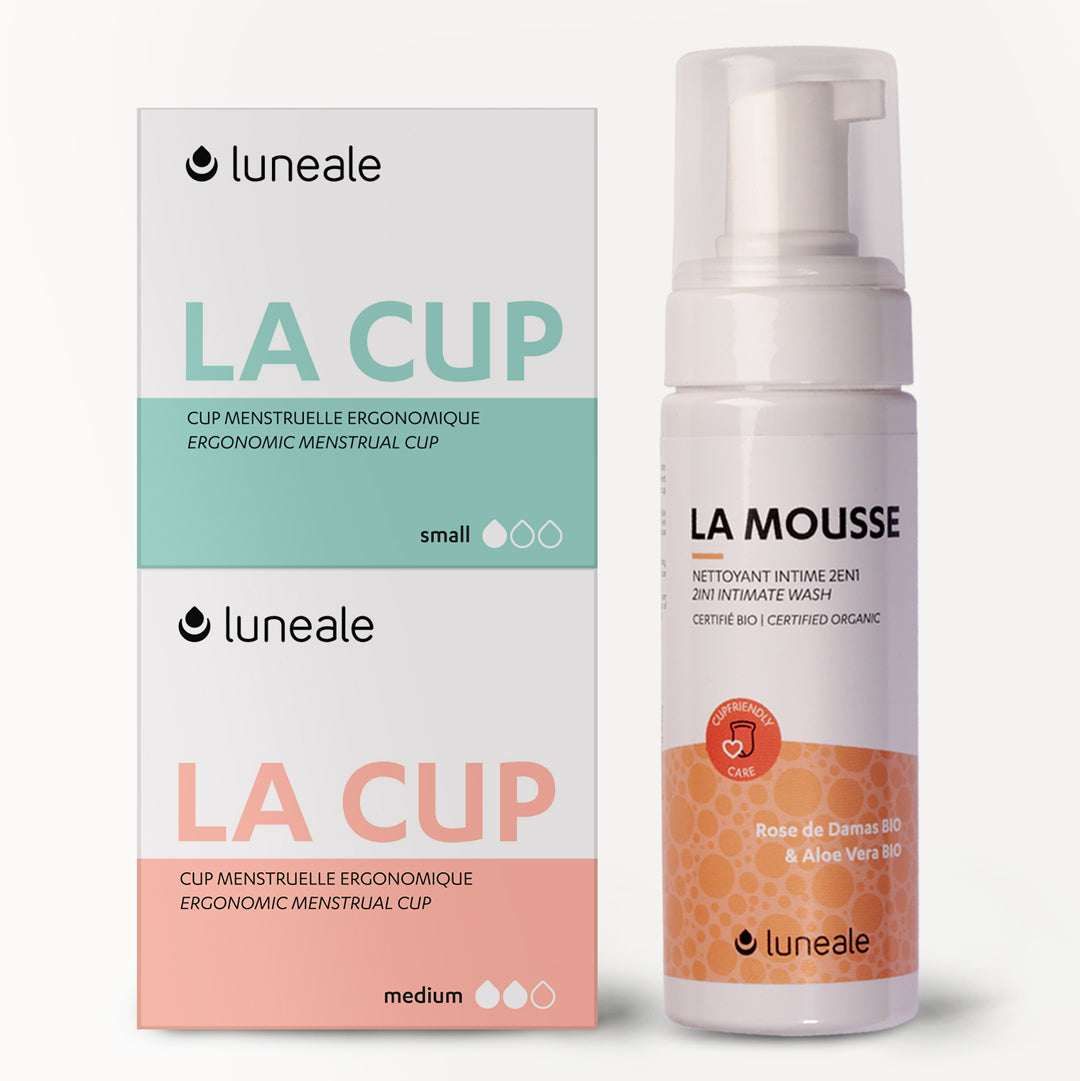 Pack Duo Luneale - lot de 2 cups menstruelles + mousse nettoyante Bio (taille M et S)