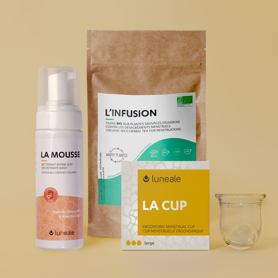 Discovery pack Luneale - Menstrual cup + cleansing foam + Organic infusion for menstruation - Cup Size L