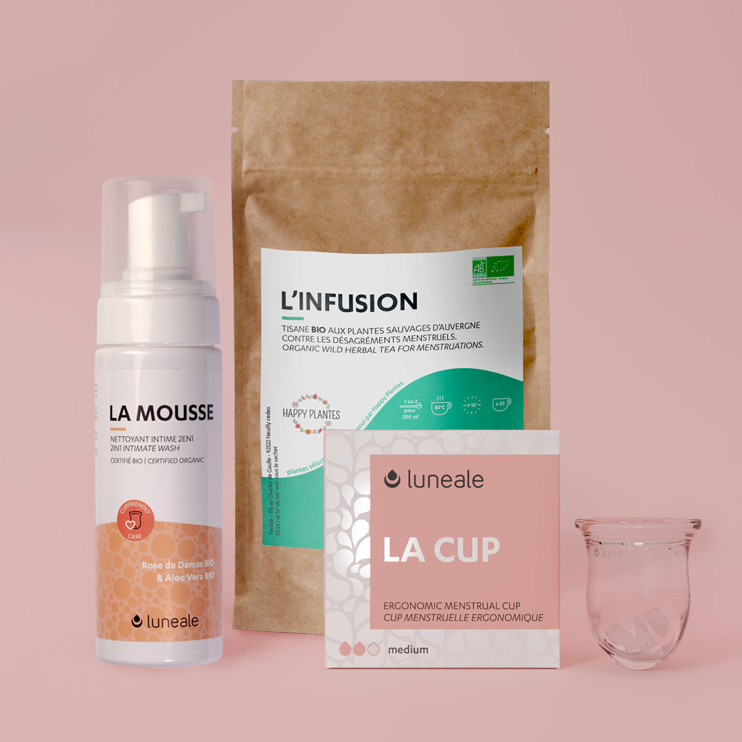 Discovery pack Luneale - Menstrual cup + cleansing foam + Organic infusion for menstruation - Cup Size M